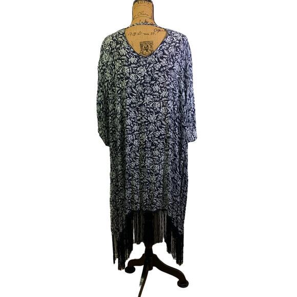 DEMOCRACY Navy Blue Floral Fringe Short Sleeve Kimono Size‎ Medium - NWT - Picture 8 of 11